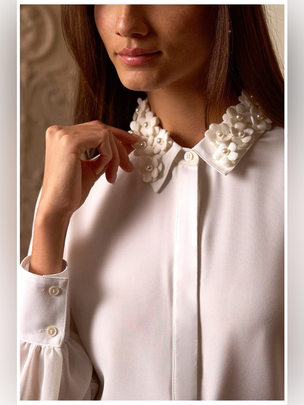 Cece Pearly Flower Appliqué Georgette Button-Up Shirt